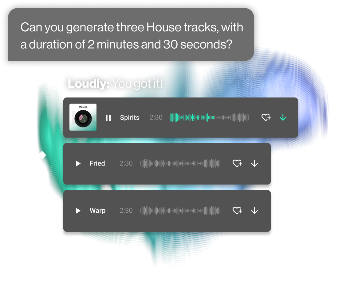Loudly's AI music generator showing a request for a song following certain perimeters, with three pieces of AI-generated music as a result.