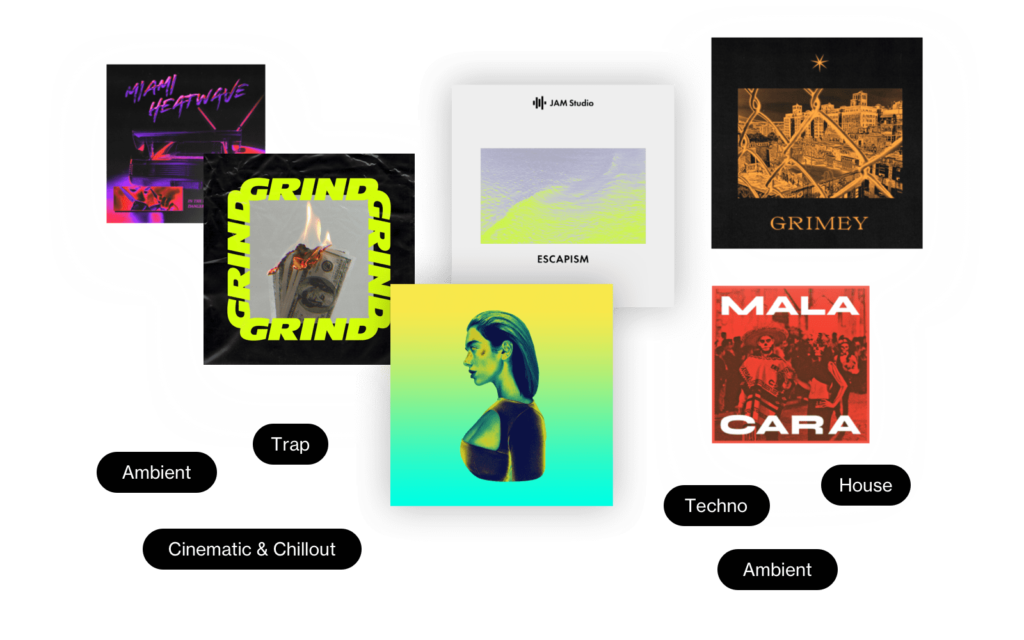 An illustration showing floating genre tiles and badges to indicate the breadth of Loudly's AI Generator.