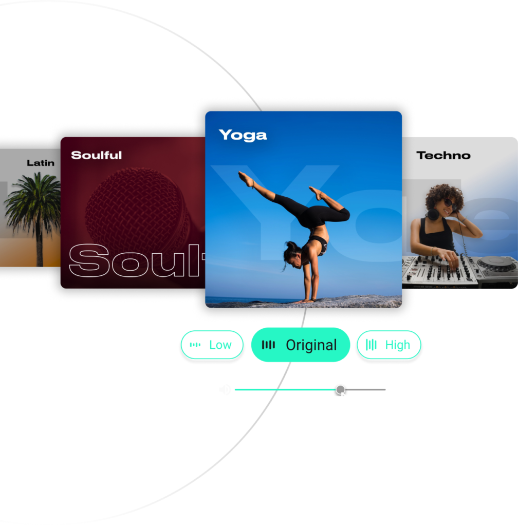 Tiles and interface panels showcasing Loudly's royalty-free music catalog.