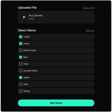 Loudly Stem Splitter second step Open the dropdown menu add stems you want to extract.